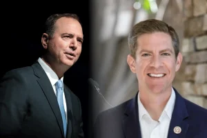US lawmakers propose ban on death betting prediction markets. Split image showing Sen Adam Schiff and Rep. Mike Levin in suits—one speaking at a podium against a dark background, the other smiling in a portrait-style photo with a blurred indoor background.
