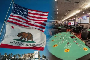 California cardrooms sue to block new gambling rules threatening jobs. California Republic and United States flags flying beside a cardroom casino interior with a green blackjack-style gaming table and players seated in the background.