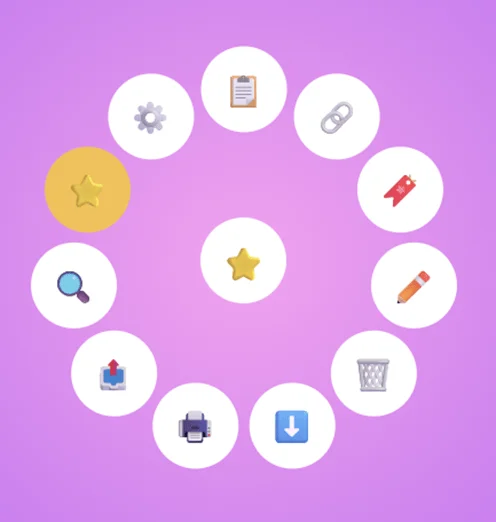 Circular options with icons around another circular item in the center with a star icon.