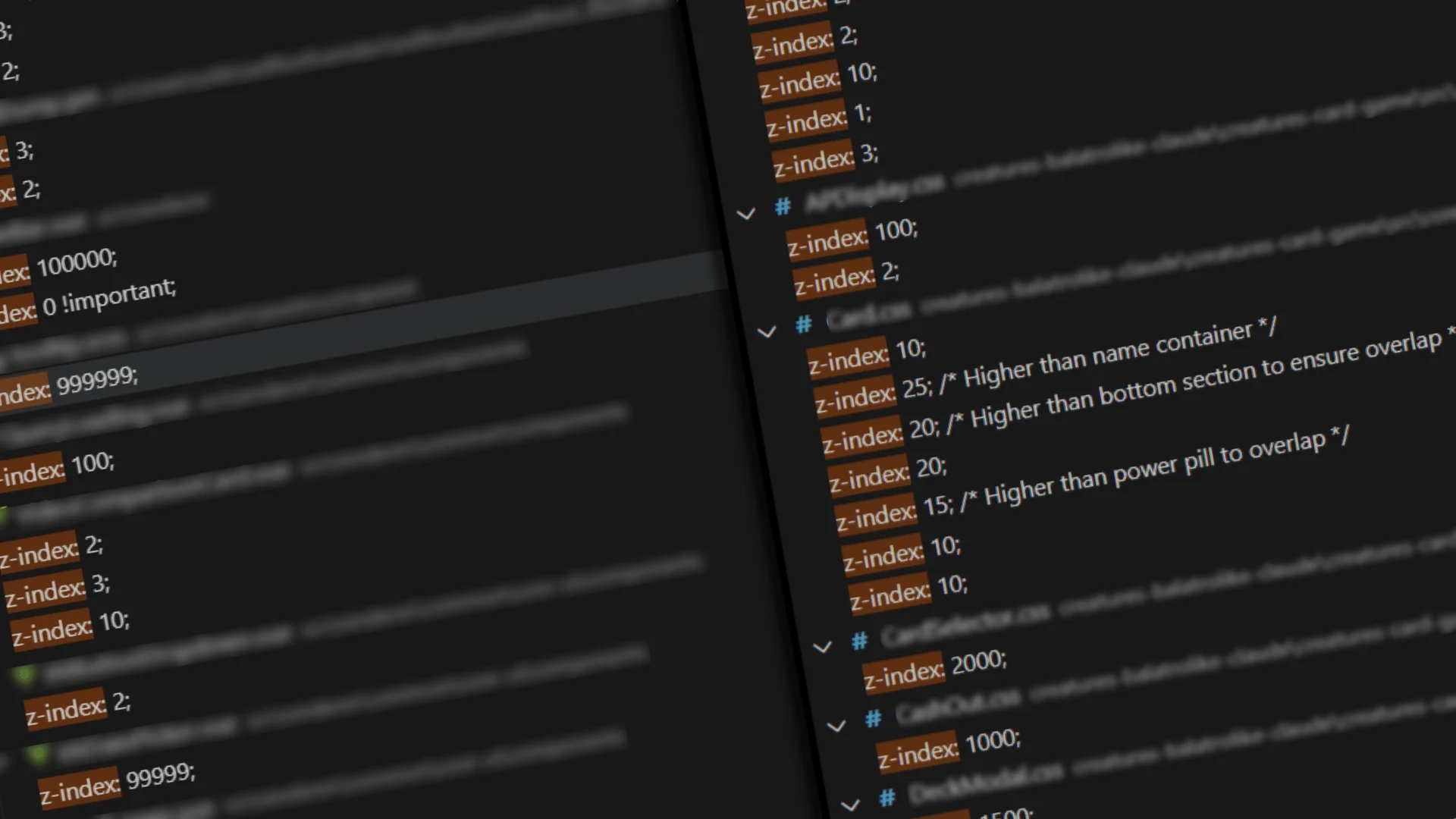 Screenshot of a code editor with a large number of z-index values, many of which include the !important keyword.