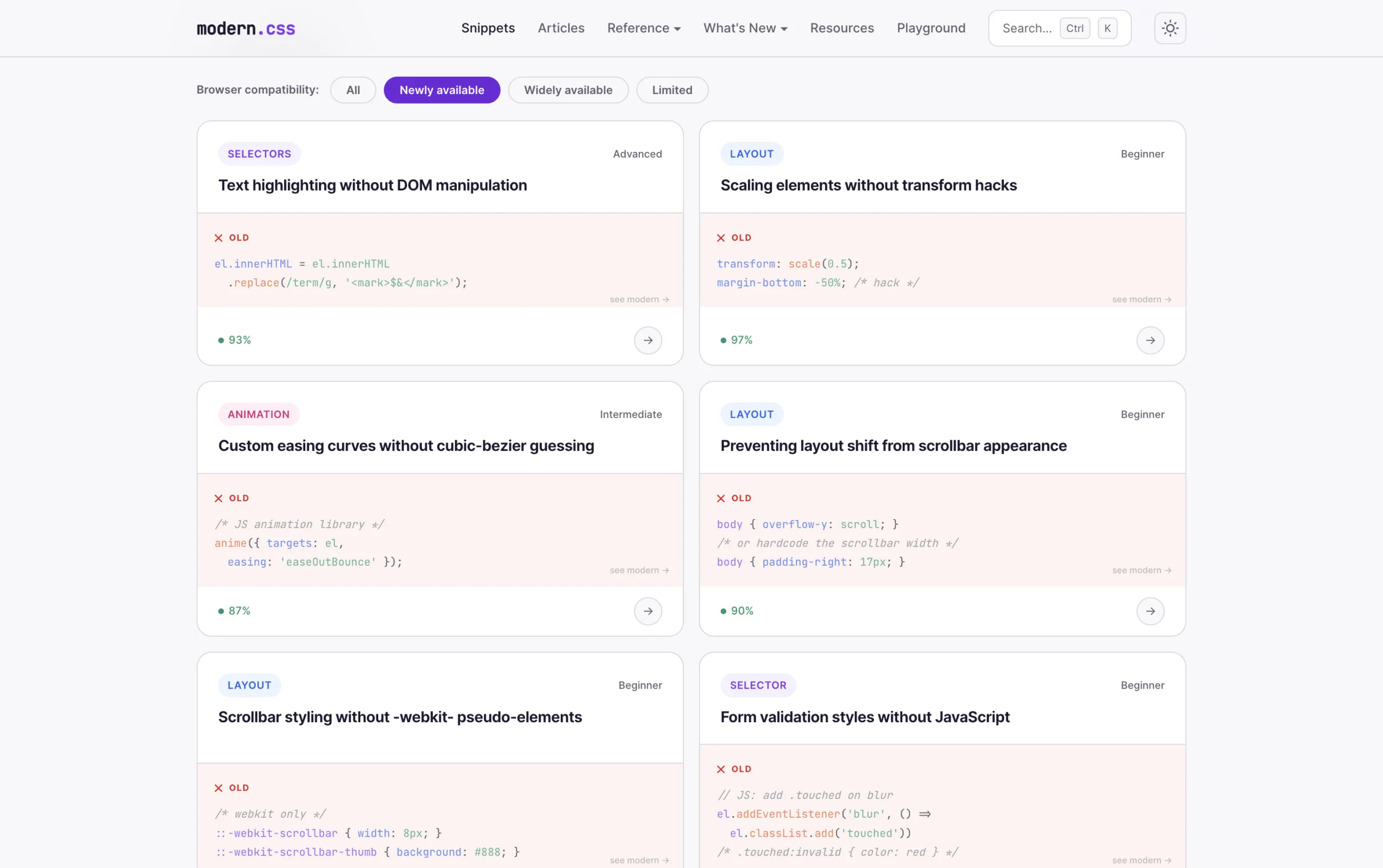 Screenshot of a website titled modern.css showing browser compatibility filters and six code snippets, labeled with their category (e.g., SELECTORS or LAYOUT), difficulty level, topic, an example of outdated code to avoid, a browser support percentage, and a link to view the modern solution.