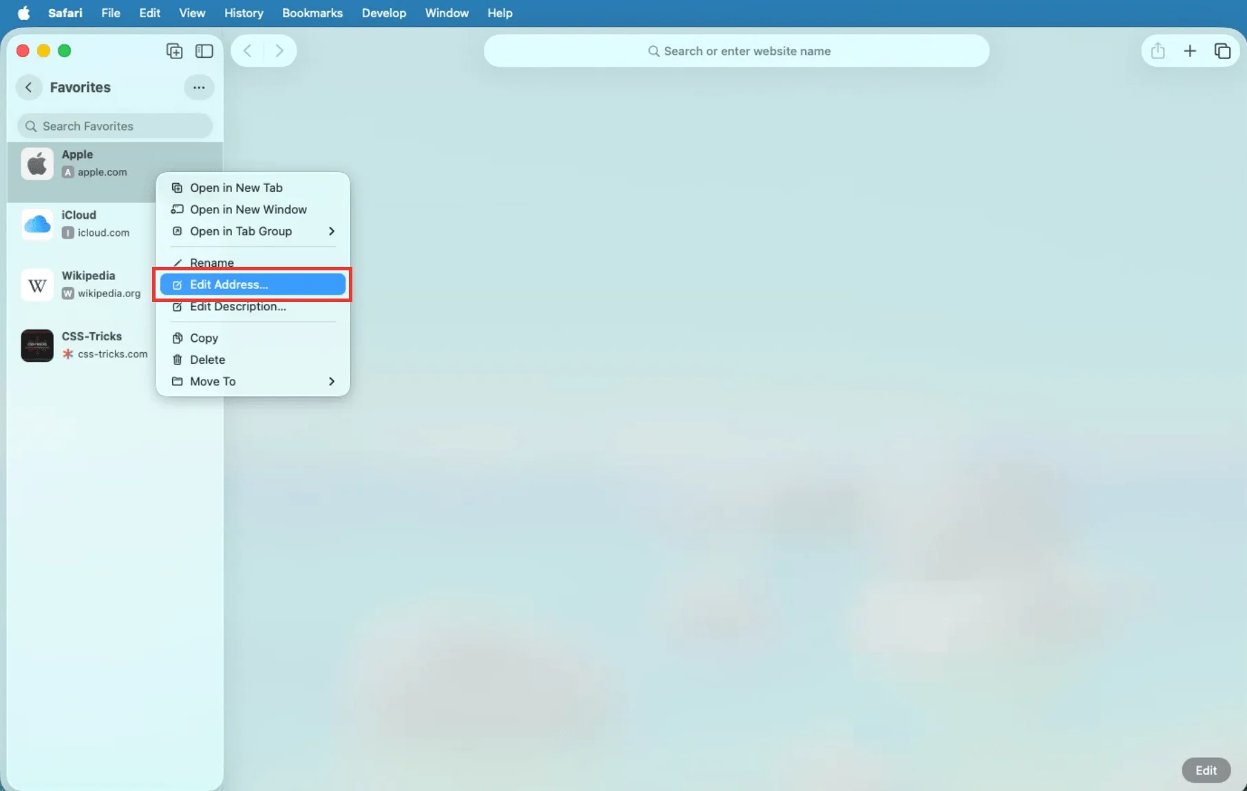 Safari window with the Favorites tab opened and a context menu open for an item highlighting the Edit Address option.