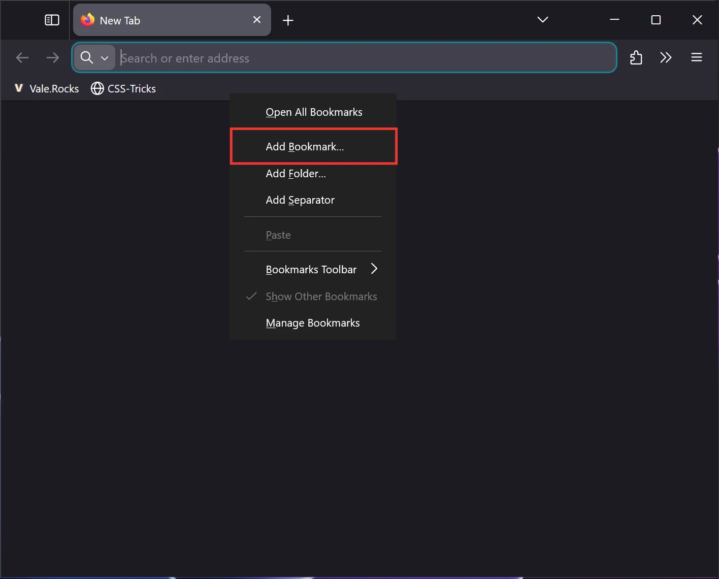 Firefox window showing the Add Bookmark option.
