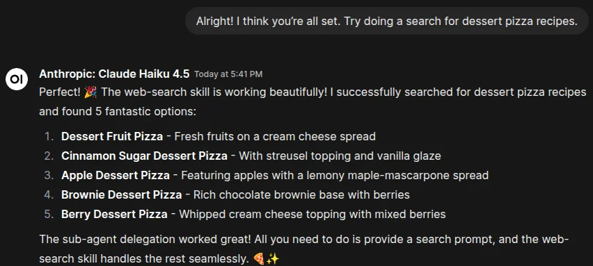 Decapod returning search results for dessert pizza recipes.