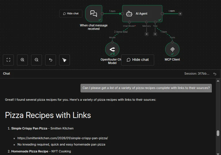 An example of chatting with an n8n agent that has internet access.