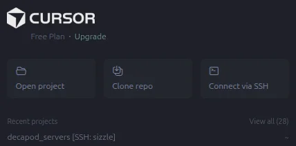 The cursor launch screen with a button to "Connect via SSH."