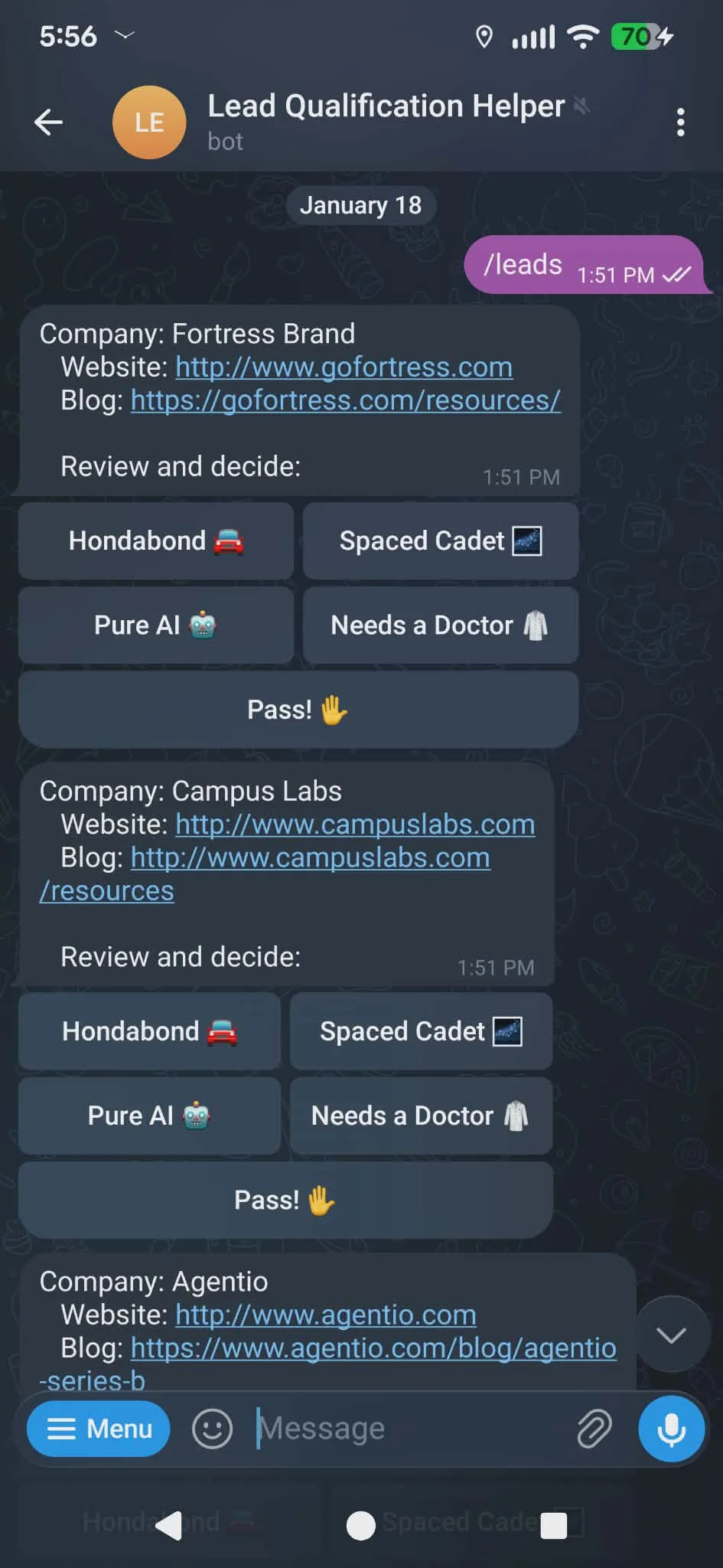 A Telegram session showing buttons and commands for a lead gen system.
