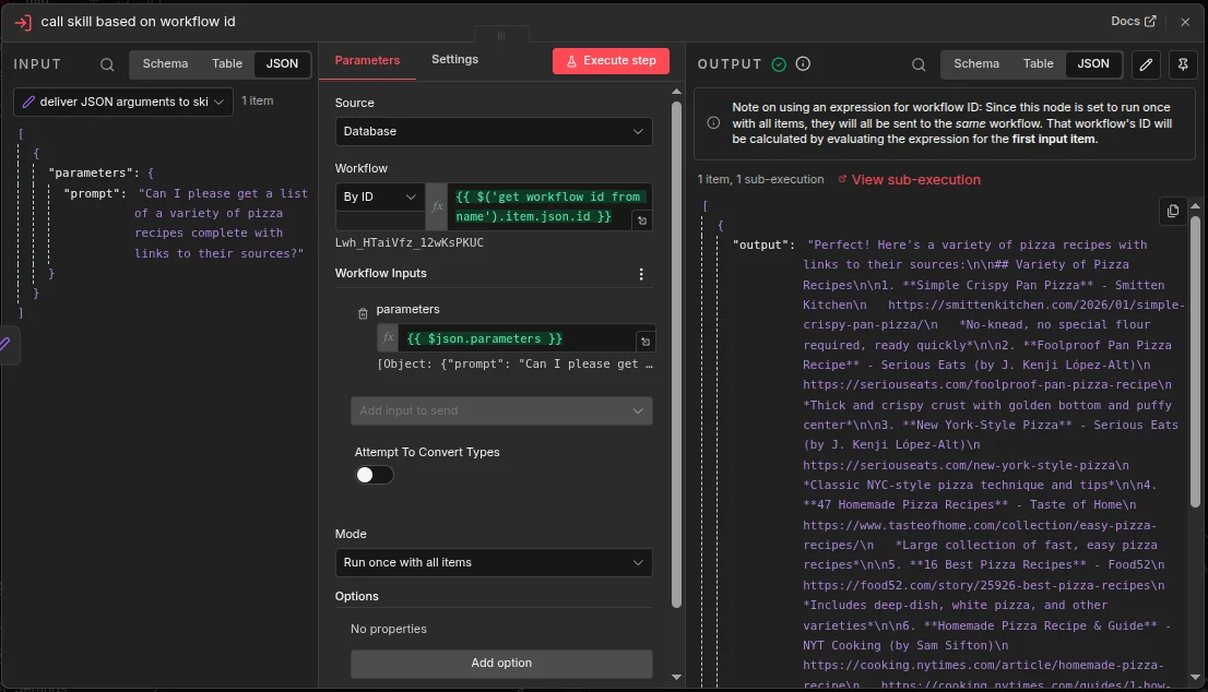 an example of a successful n8n call to a sub-workflow.
