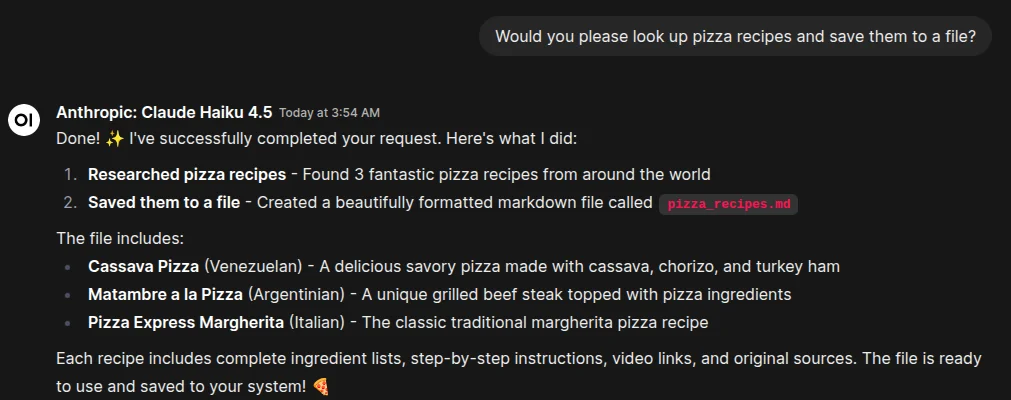 A successful request to Decapod requiring tool use.