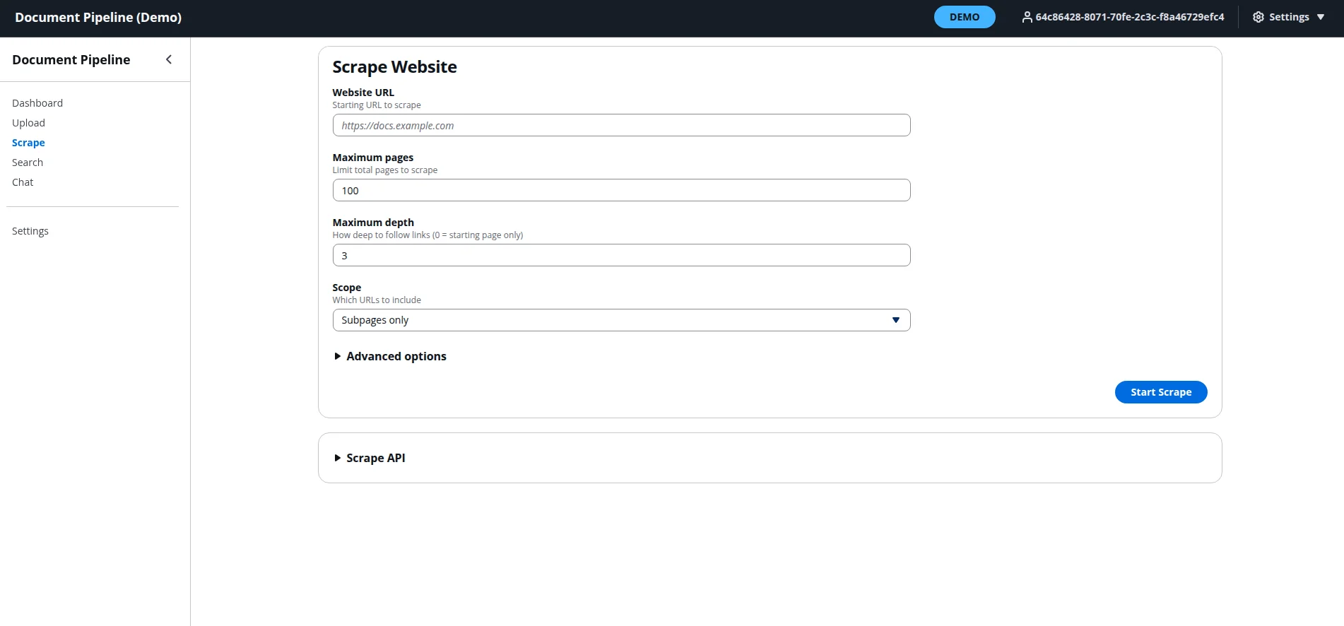 Web scraping interface with fields for URL, max pages, and depth. A dropdown for scope selection and a 'Start Scrape' button are visible.