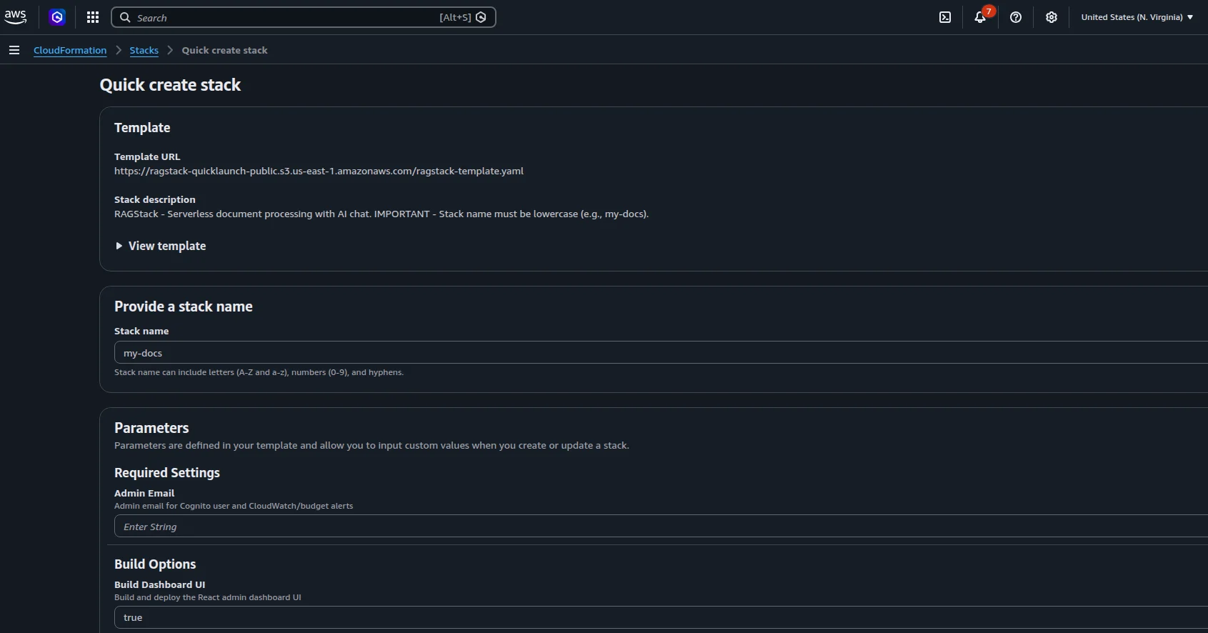 Screenshot of AWS CloudFormation Quick Create Stack page in dark mode. Sections for template URL, stack name, parameters, and build options are visible.