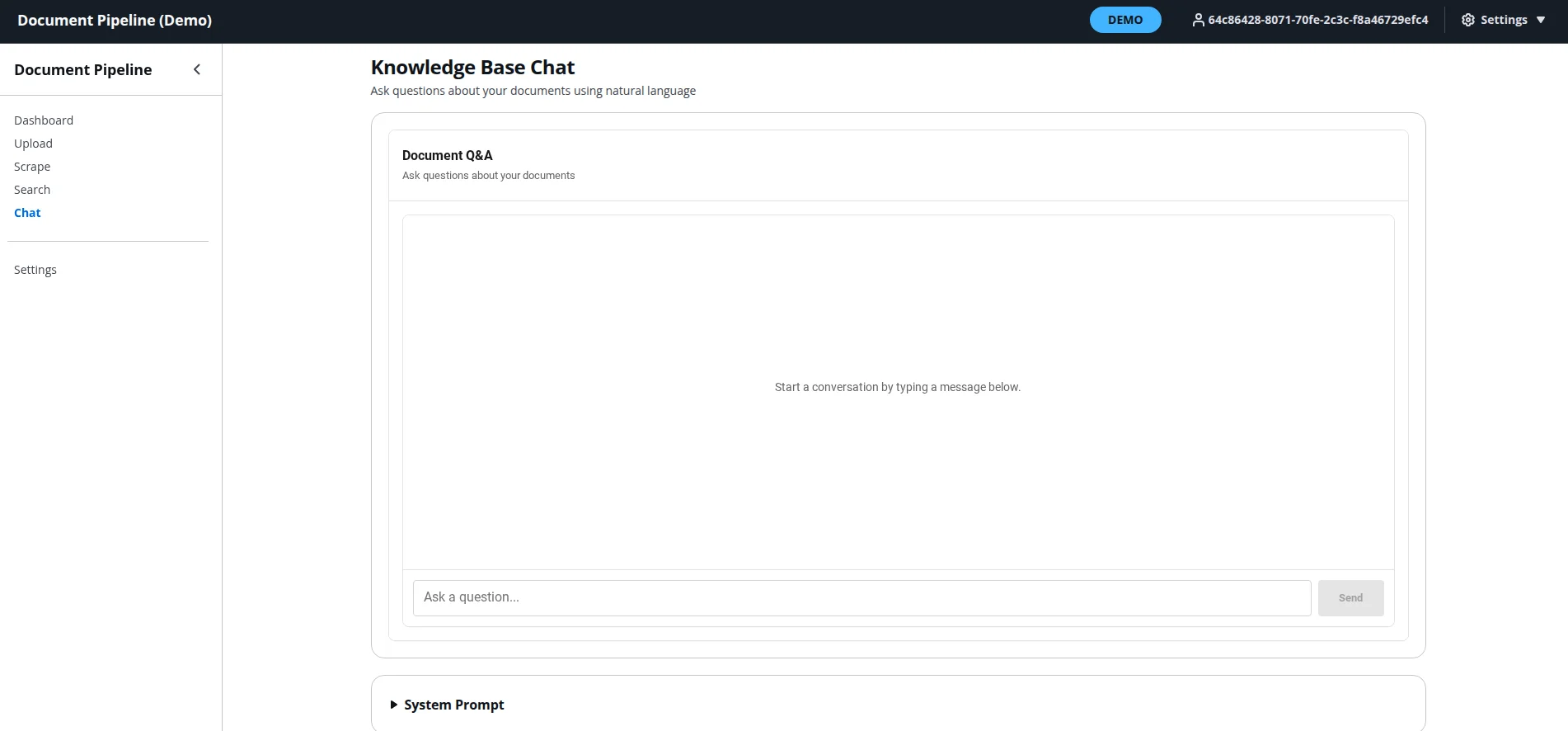 Screenshot of a web interface titled "Knowledge Base Chat" with menu options on the left. The central section prompts users to ask document-related questions.