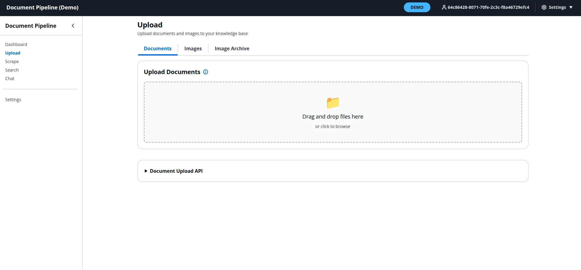 Screenshot of a document upload interface labeled "Document Pipeline (Demo)." Central panel shows a box for drag-and-drop file upload. Sleek, modern design.