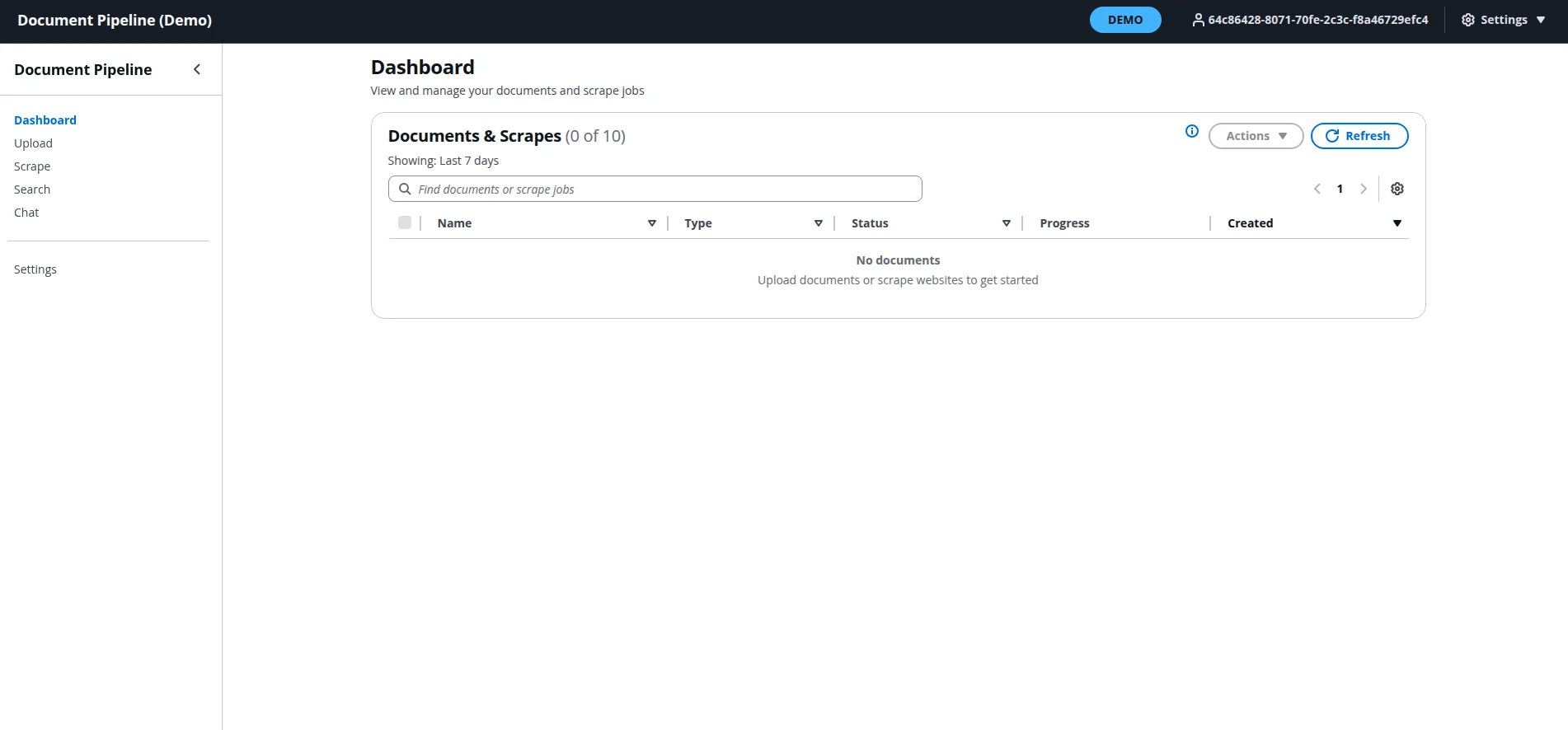 A software dashboard interface titled 'Document Pipeline (Demo)' displaying options for uploading, scraping, and searching documents. The screen shows no current documents or scrape jobs, with menu options on the left and a search and filter bar at the center. The overall tone is functional and minimalist.